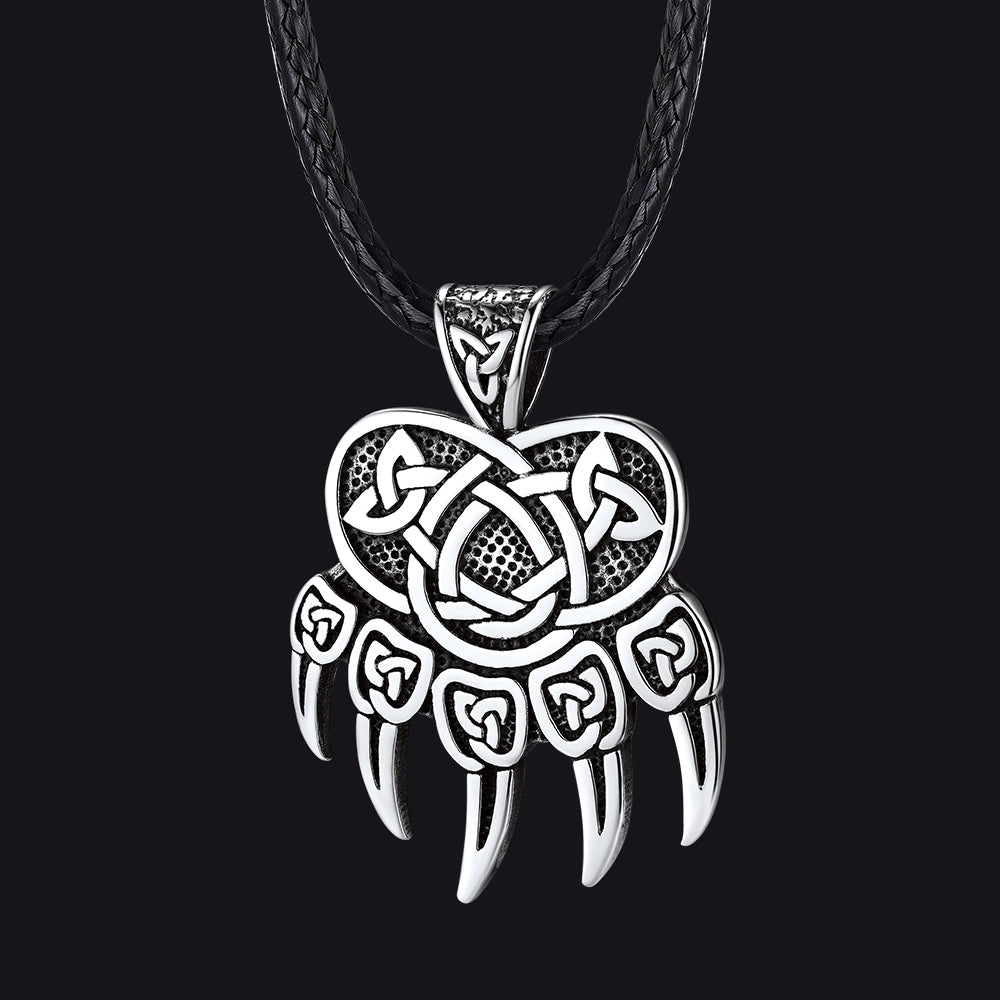 Celtic Bear Paw Braided Leather Cord Necklace for Men