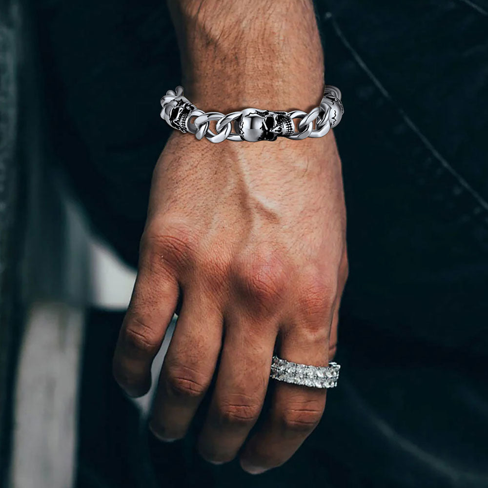 Gothic Skull Thick Cuban Chain Link Bracelet Halloween Gift for Men