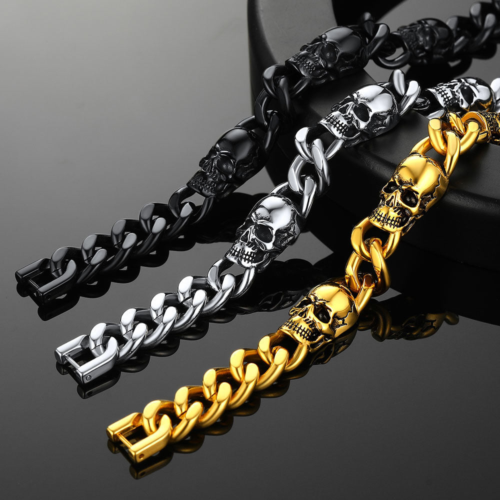 Gothic Skull Thick Cuban Chain Link Bracelet Halloween Gift for Men