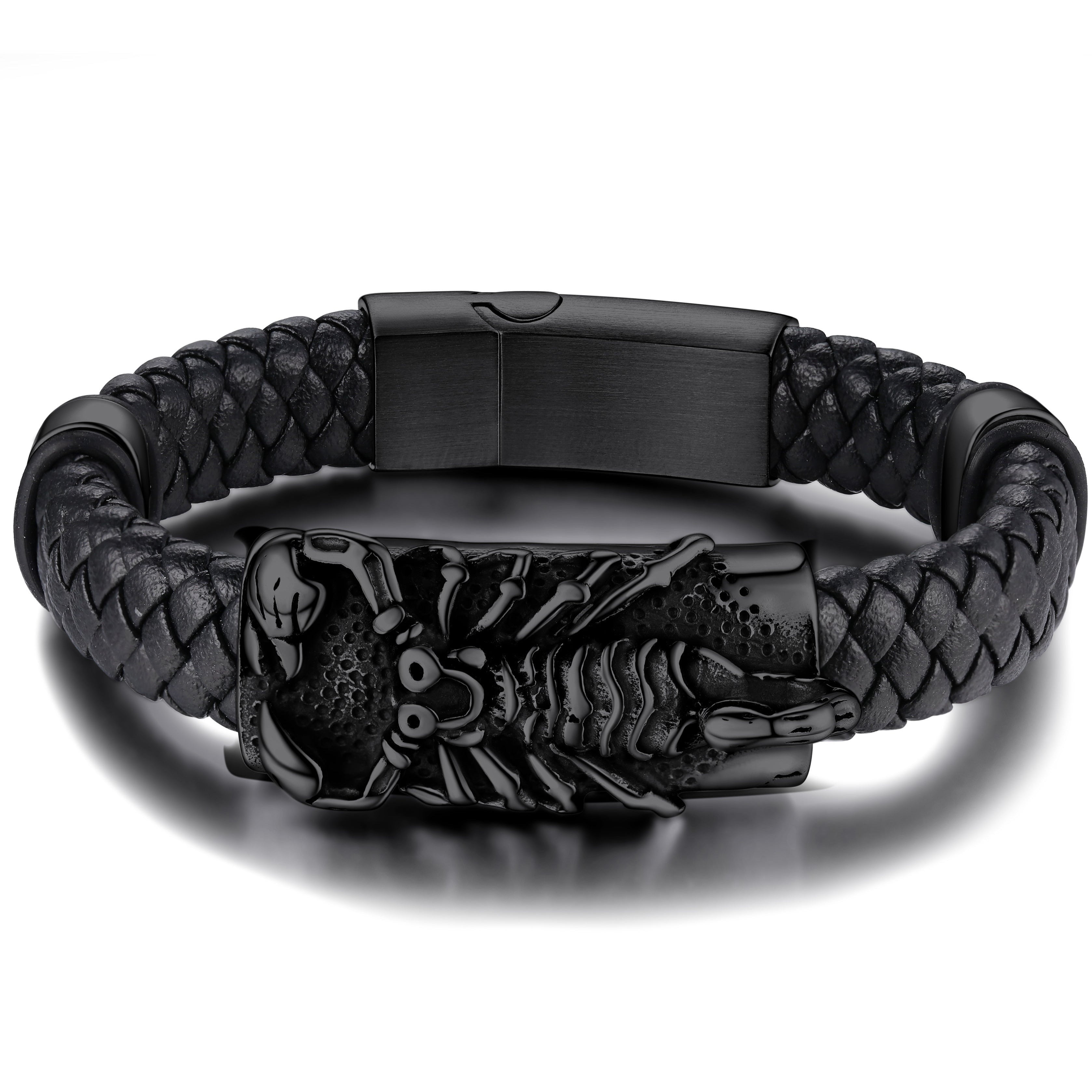 Punk Scorpion Black Braided Leather Bracelet Bangle Gift for Men Son Grandson