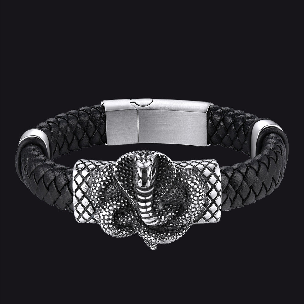 Gothic Black Cobra Snake Leather Bracelet Cuff Band for Men