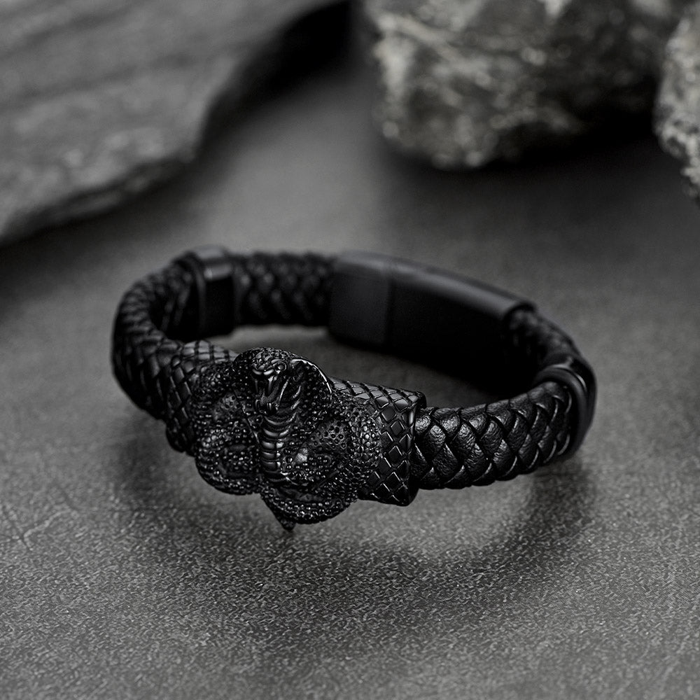 Gothic Black Cobra Snake Leather Bracelet Cuff Band for Men