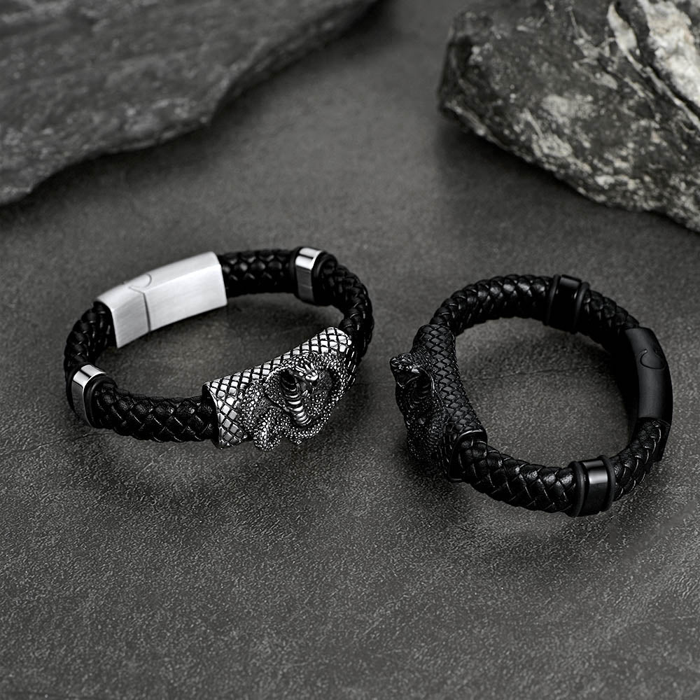 Gothic Black Cobra Snake Leather Bracelet Cuff Band for Men