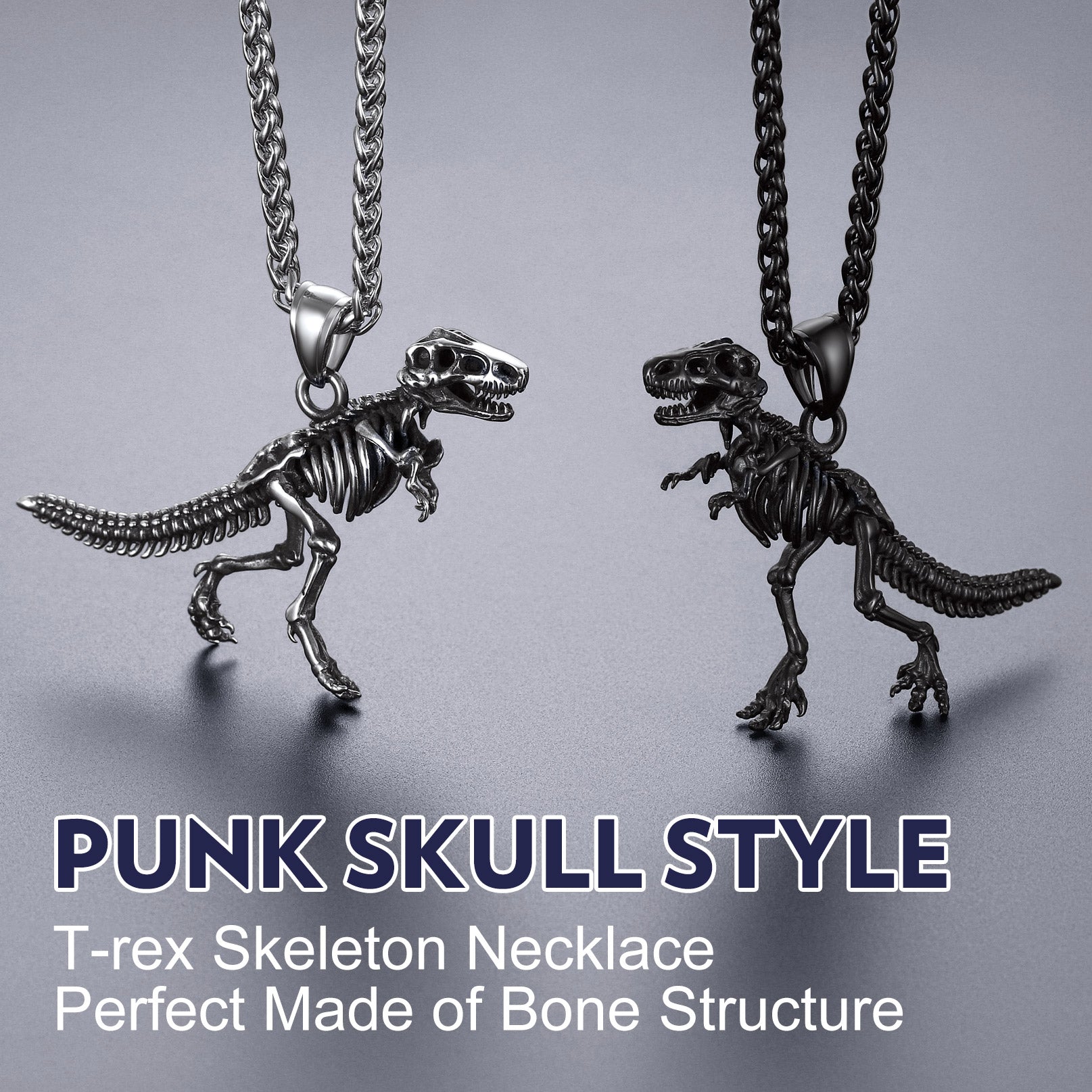 Punk Dinosaur Skeleton Necklace for Men in Stainless Steel