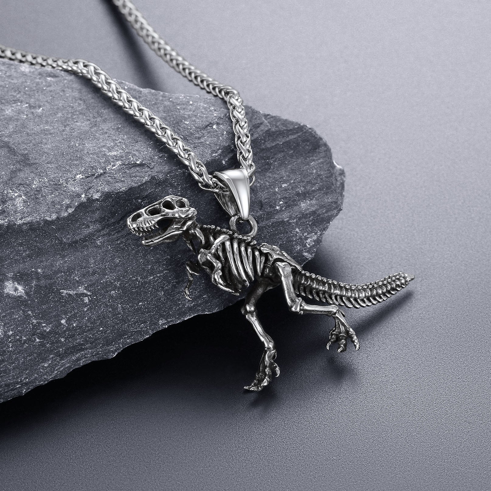 Punk Dinosaur Skeleton Necklace for Men in Stainless Steel