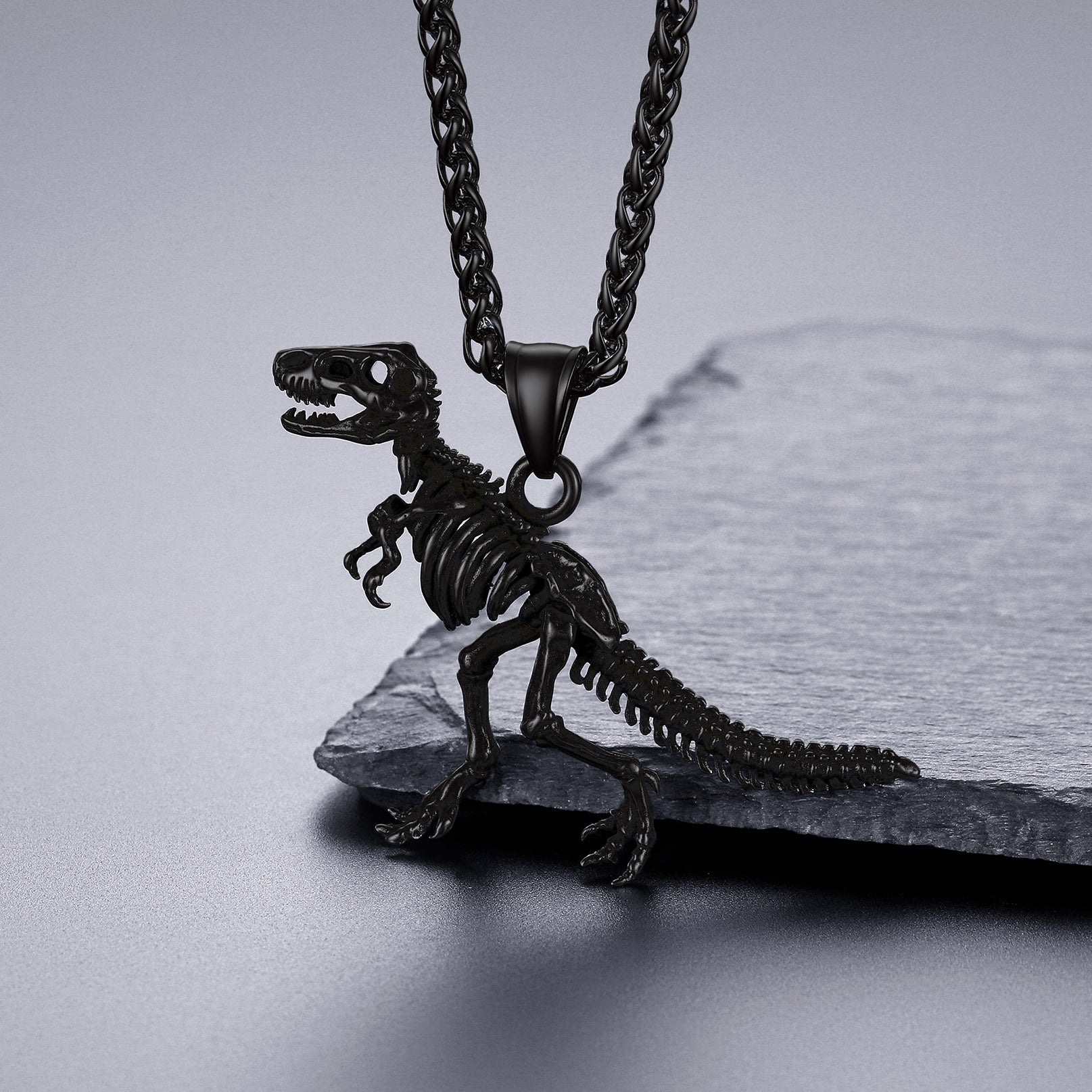 Punk Dinosaur Skeleton Necklace for Men in Stainless Steel