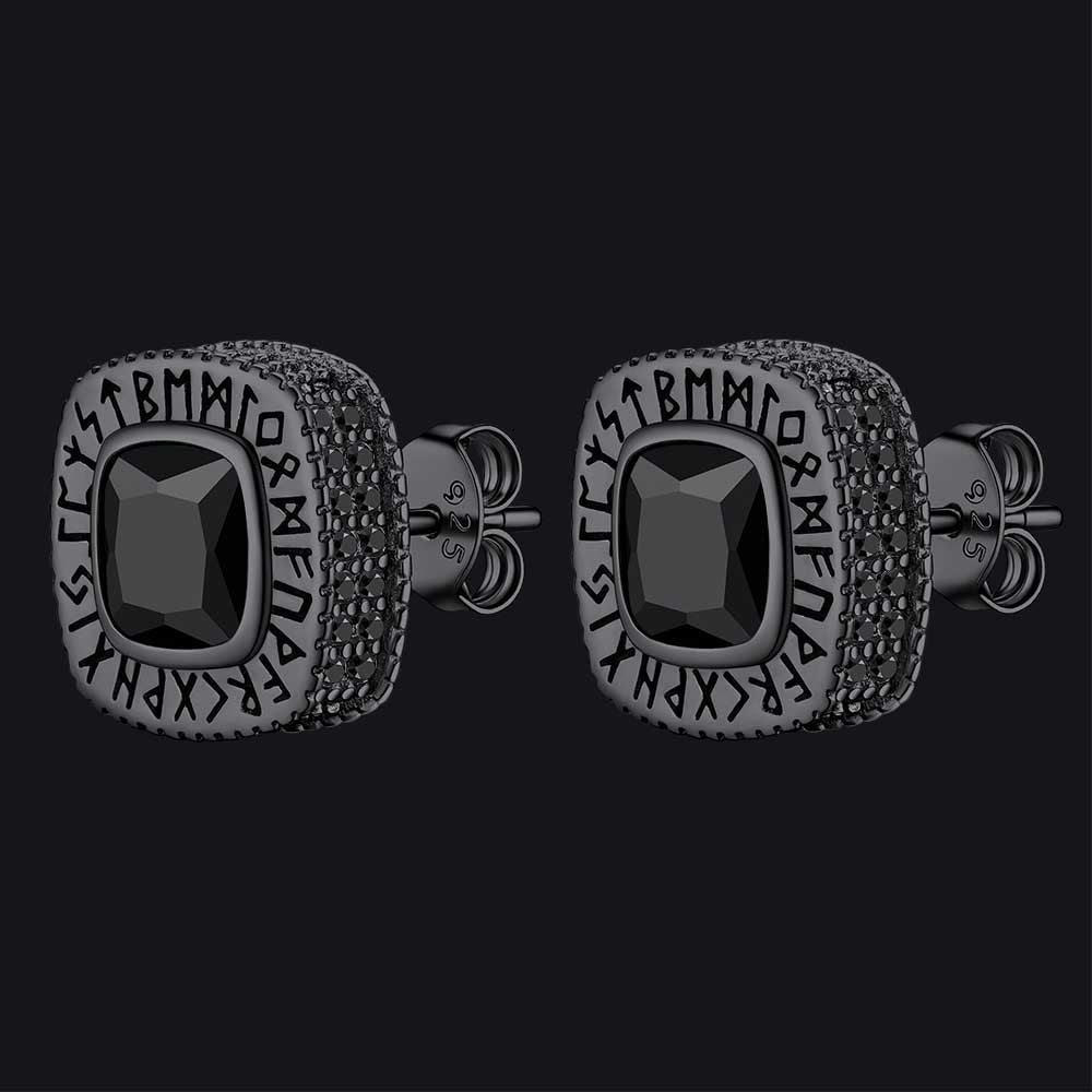 Cushion Cut Diamond Stud Earrings with Viking Runes in Sterling Silver