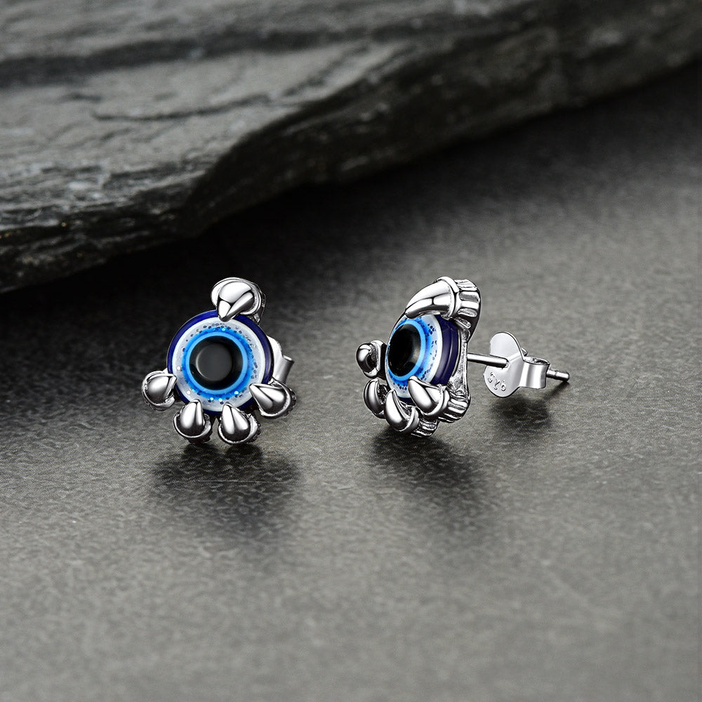 Sterling Silver Dragon Claw Evil Eye Stud Earrings For Men