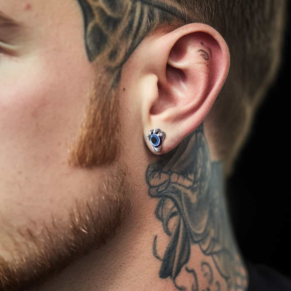 Sterling Silver Dragon Claw Evil Eye Stud Earrings For Men