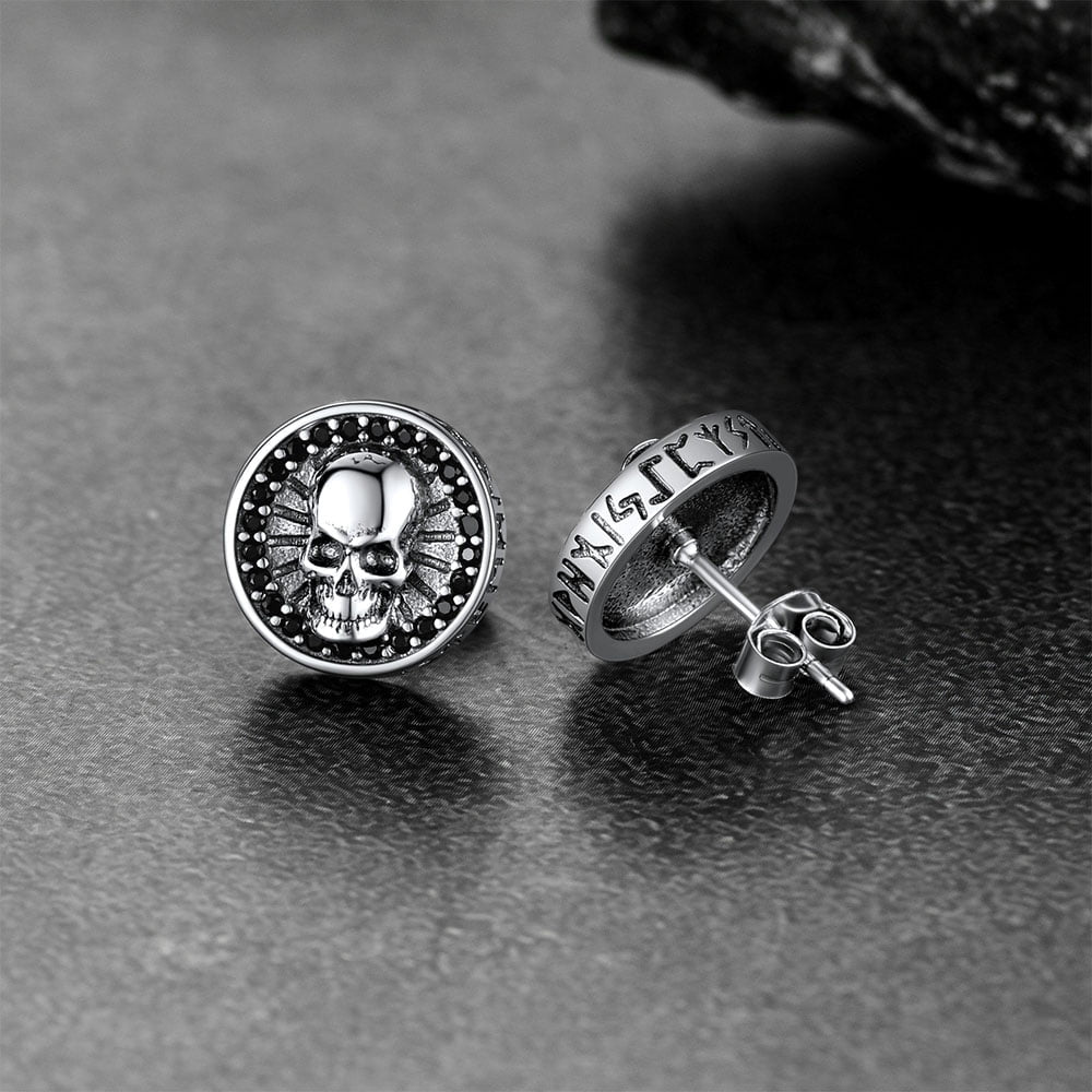 Men's Skull Stud Earrings With Runes in Sterling Silver