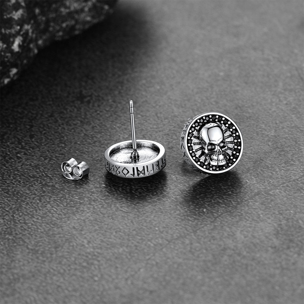 Men's Skull Stud Earrings With Runes in Sterling Silver