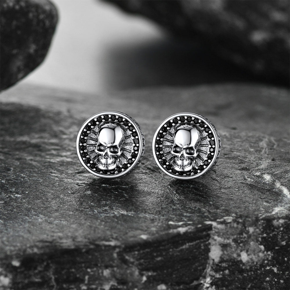 Men's Skull Stud Earrings With Runes in Sterling Silver