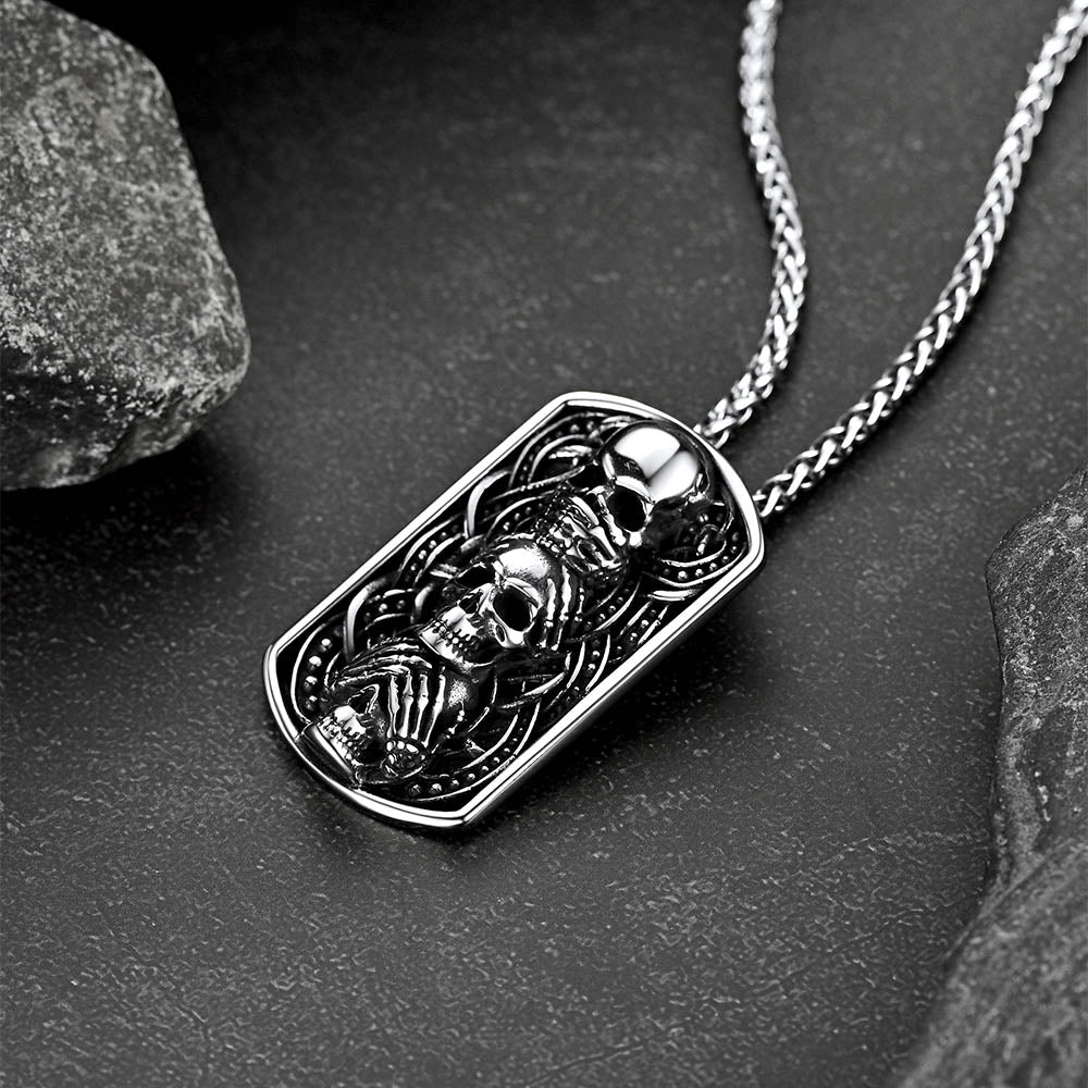 See No Evil, Hear No Evil, Speak No Evil Skulls Dog Tag Necklace for Men