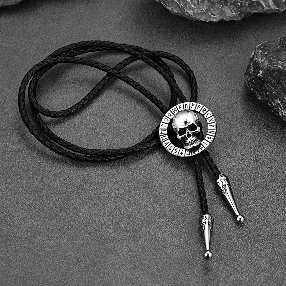 Gothic Skull Bolo Tie with Viking Rune for Men and Women