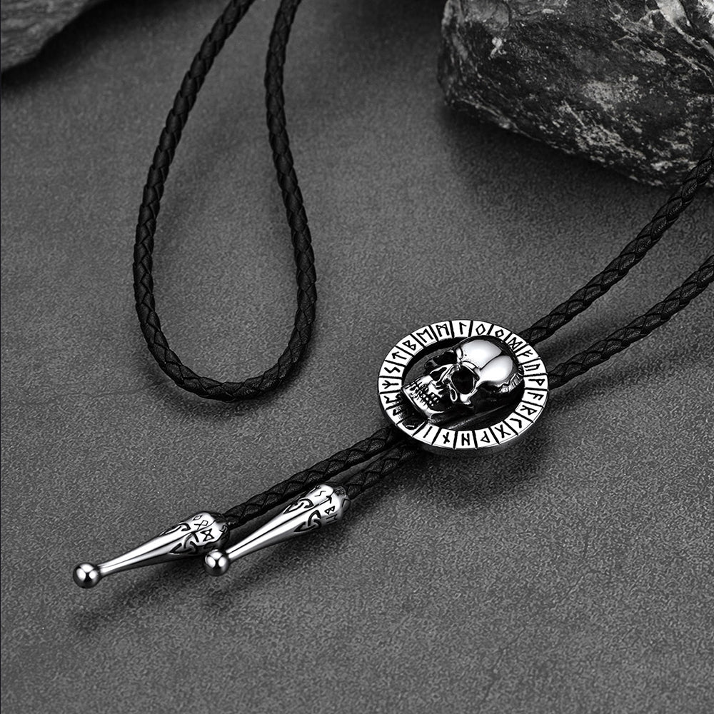 Gothic Skull Bolo Tie with Viking Rune for Men and Women
