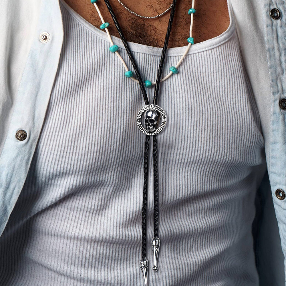 Gothic Skull Bolo Tie with Viking Rune for Men and Women