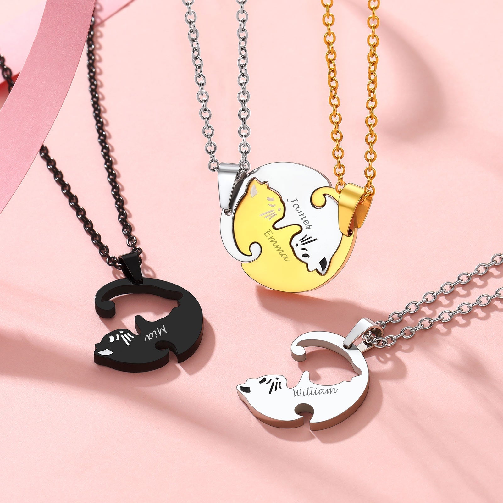 Custom Cat Matching Puzzle Necklace Engraved 2 Names Gift For Couple Girlfriend
