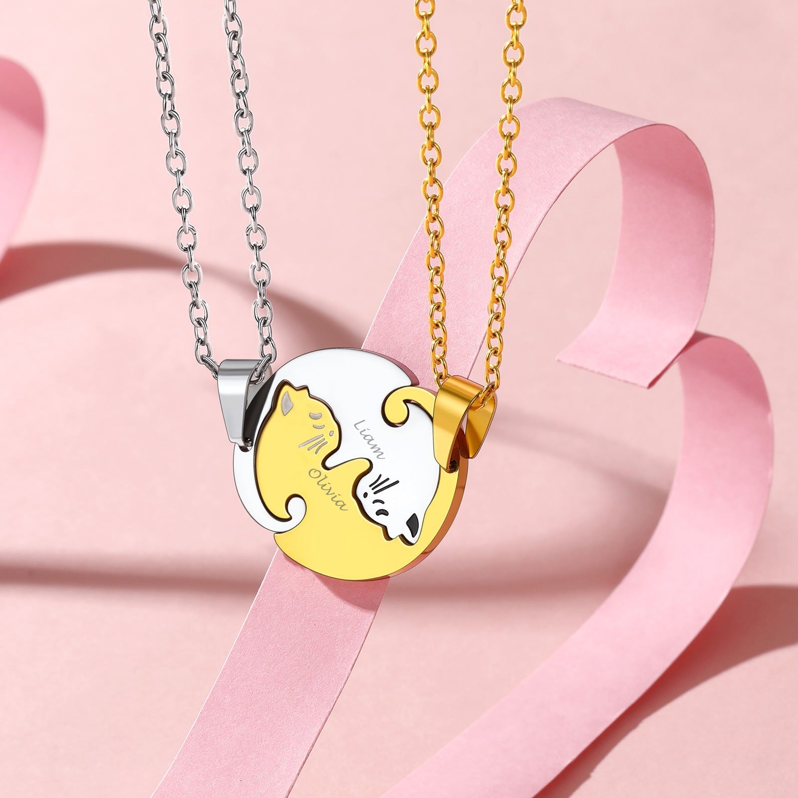 Custom Cat Matching Puzzle Necklace Engraved 2 Names Gift For Couple Girlfriend