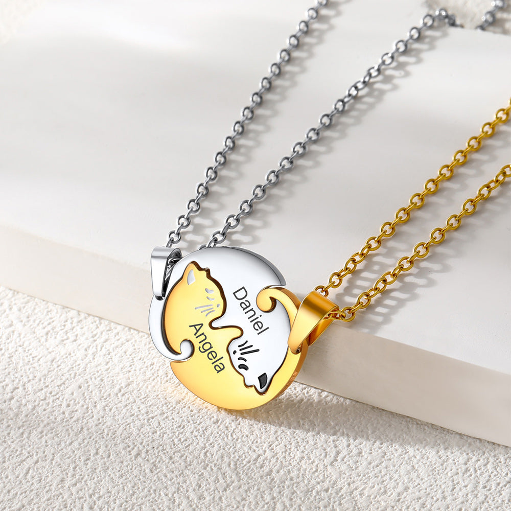 Custom Cat Matching Puzzle Necklace Engraved 2 Names Gift For Couple Girlfriend