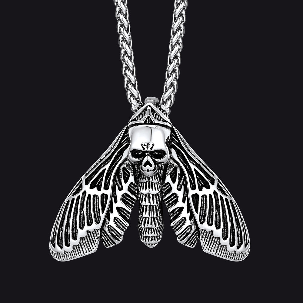 Cool Gothic Skull Moth Pendant Stainless Steel Necklace for Men Boys