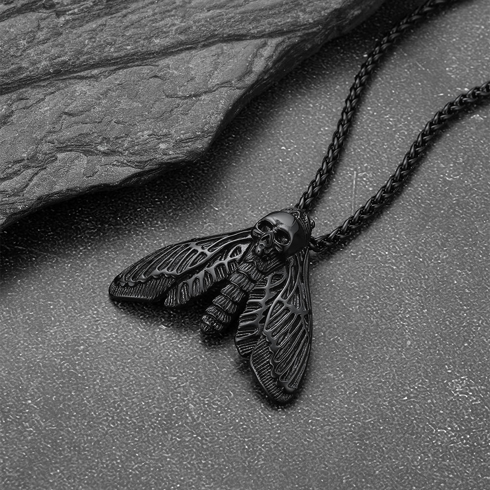 Cool Gothic Skull Moth Pendant Stainless Steel Necklace for Men Boys