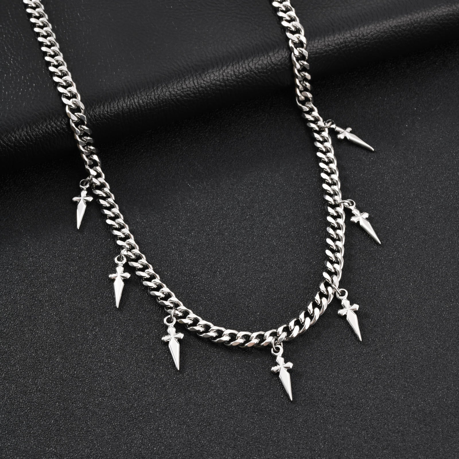 Gothic Cross and Spike Charmed Cuban Chain Necklace for Men