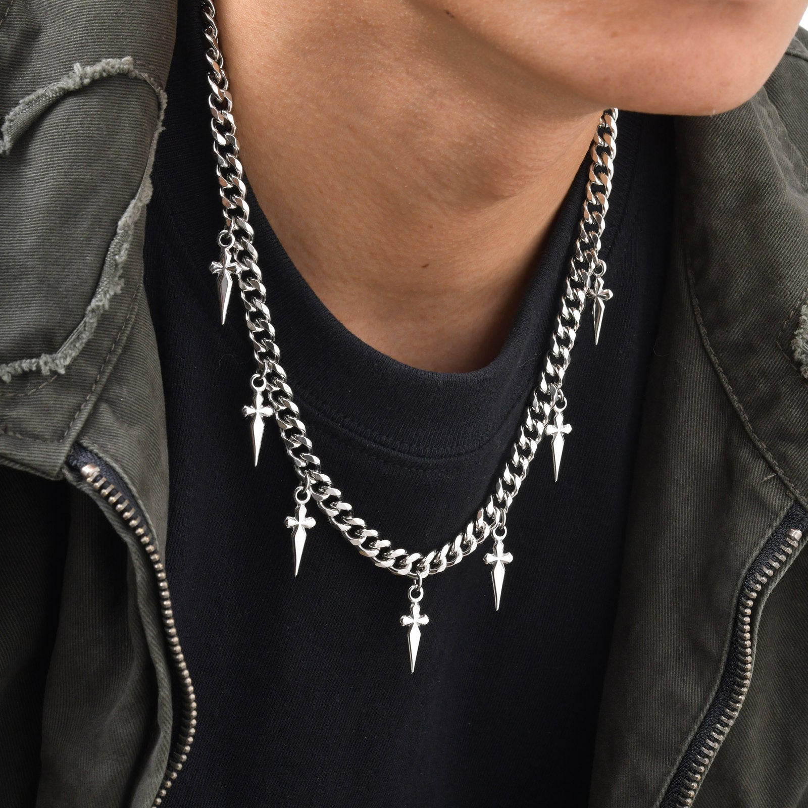 Gothic Cross and Spike Charmed Cuban Chain Necklace for Men
