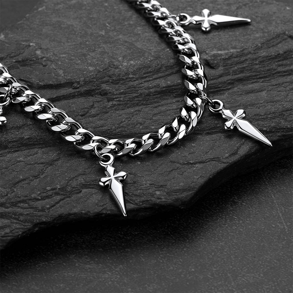 Gothic Cross and Spike Charmed Cuban Chain Necklace for Men