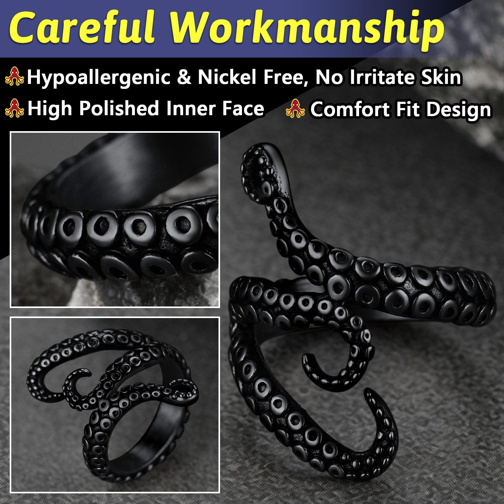 Biker Punk Three Octopus Tentacle Ring For Men