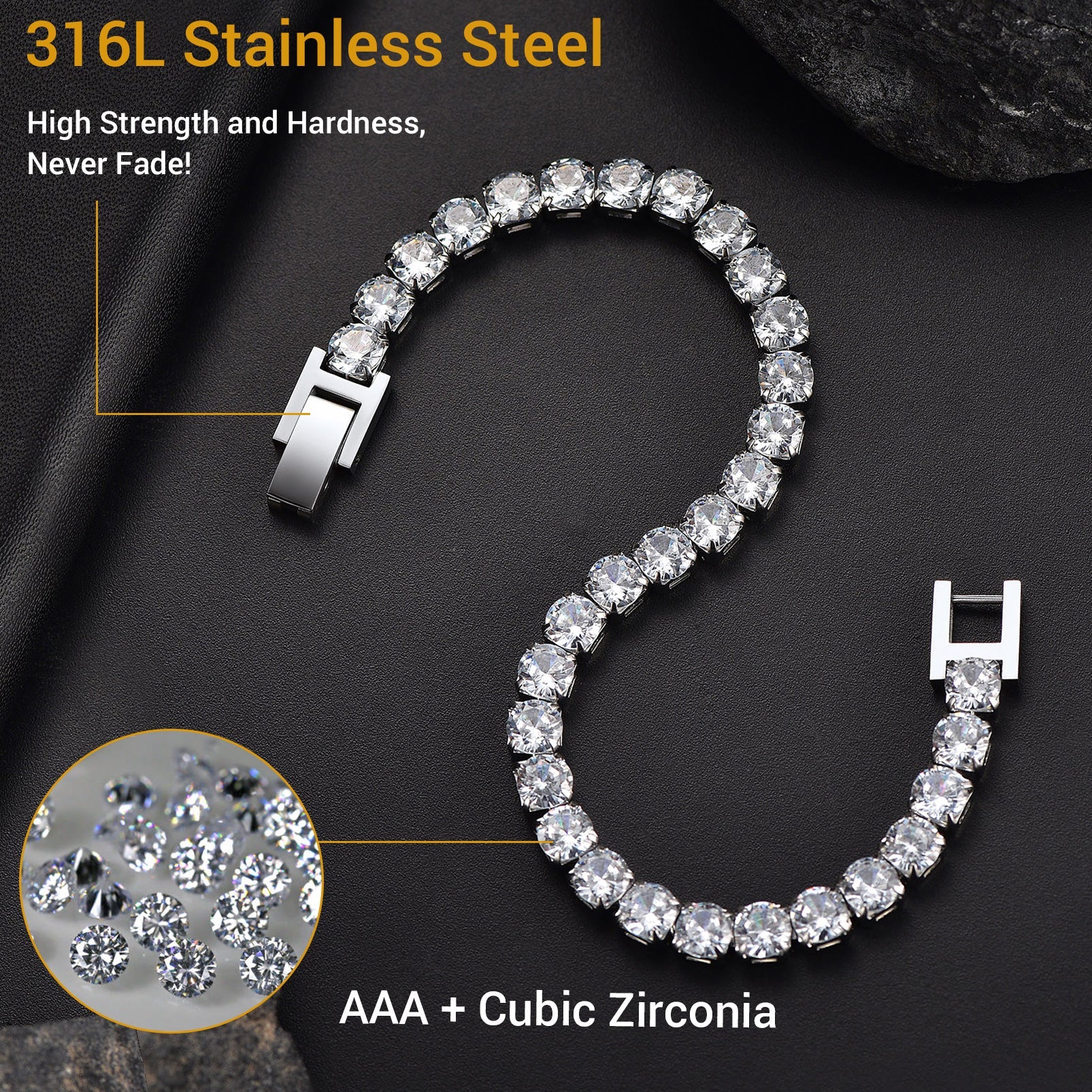 CZ Diamond Cut Tennis Chain Bracelet for Men and Women, 3/5mm Width