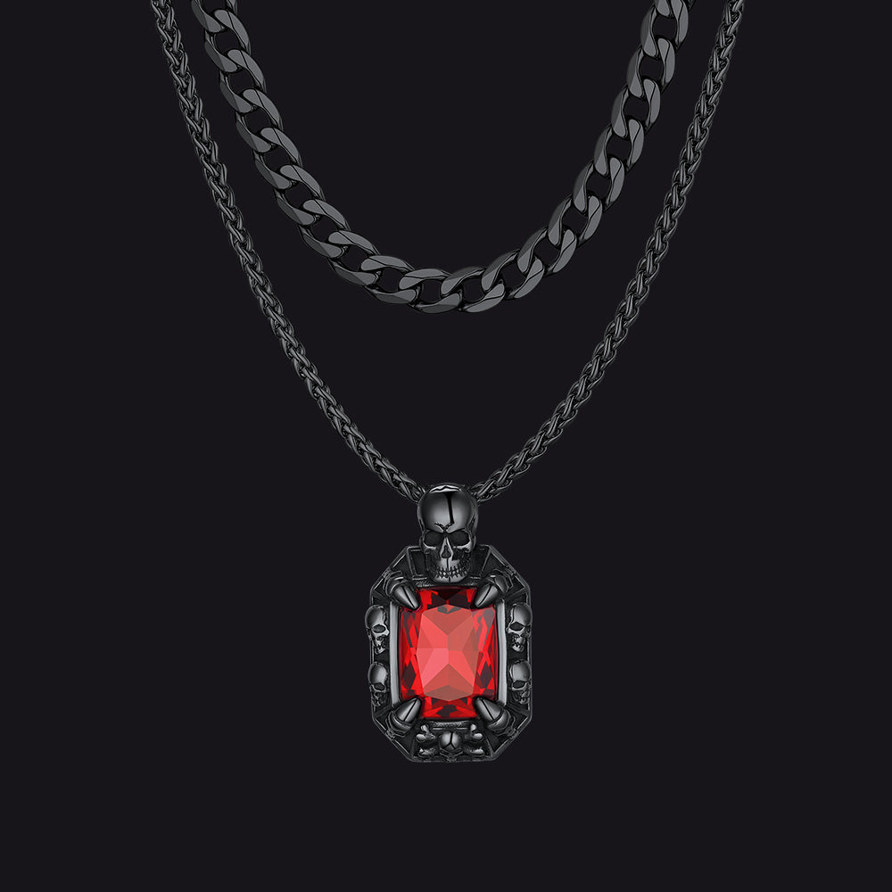 Cuban Curb Chain & Skull Crystal Layered Necklaces Set for Men
