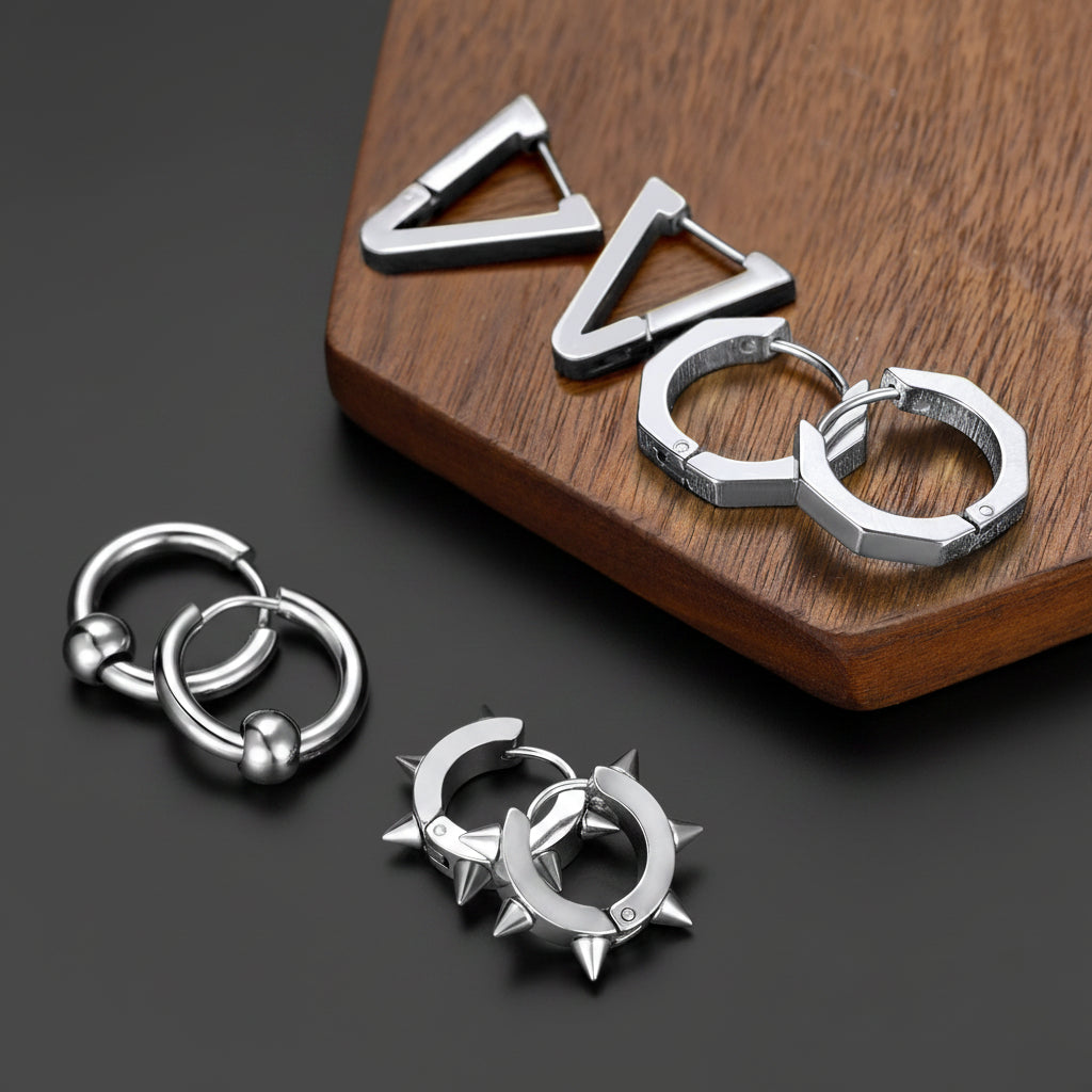 Punk 4Pcs Rivets / Hoop / Geometry / Triangle Earrings Set for Men