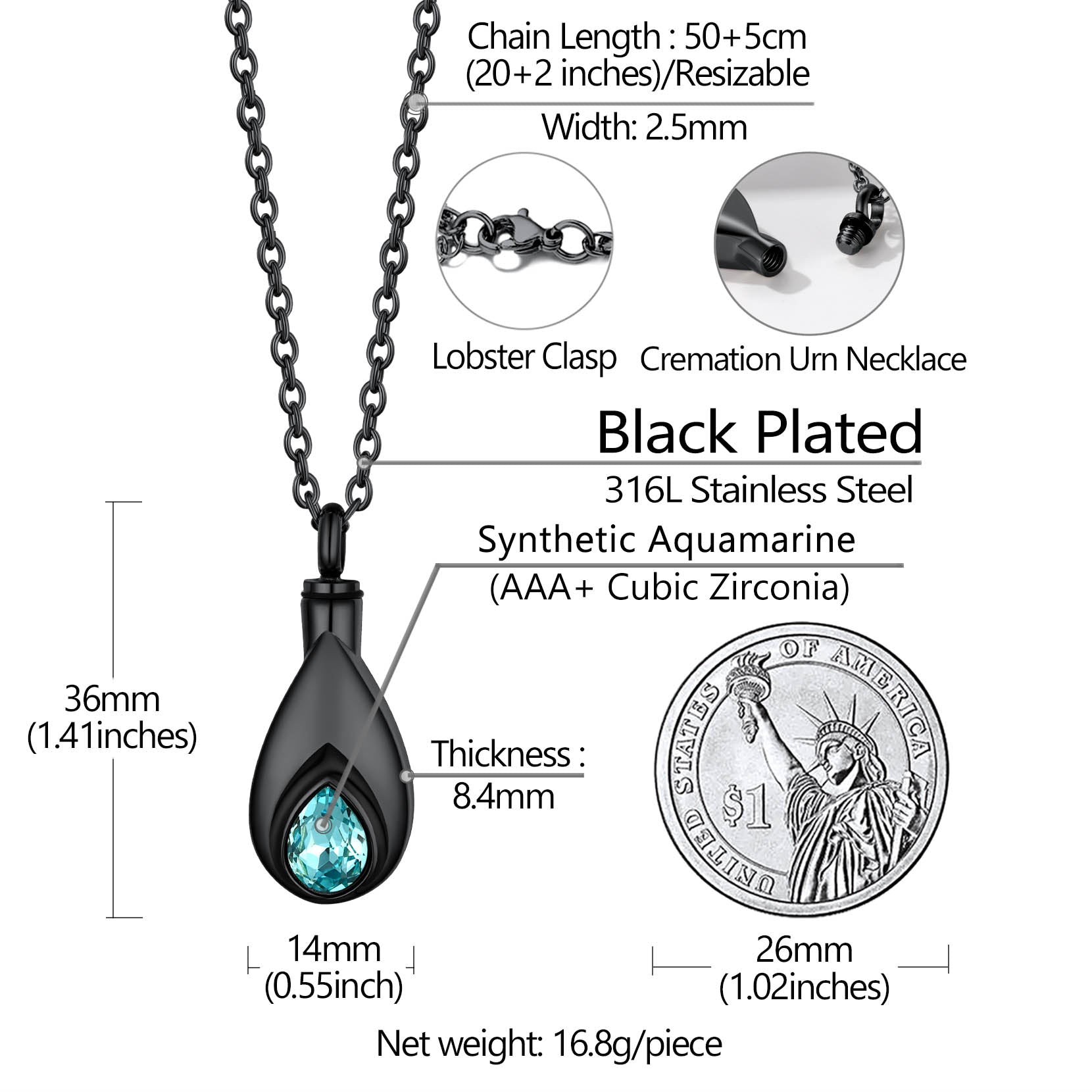 Custom Cremation Tear Drop Birthstone Urn Ashes Necklace for Women