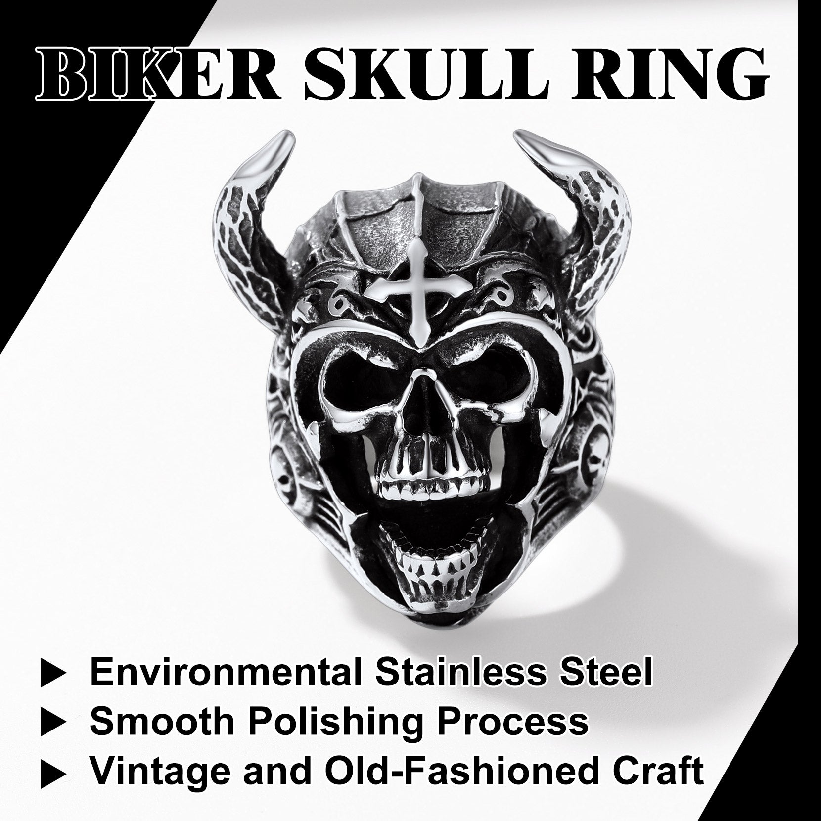 Heavy Metal Demon Skull Ring with Horns for Men, Stainless Steel Band