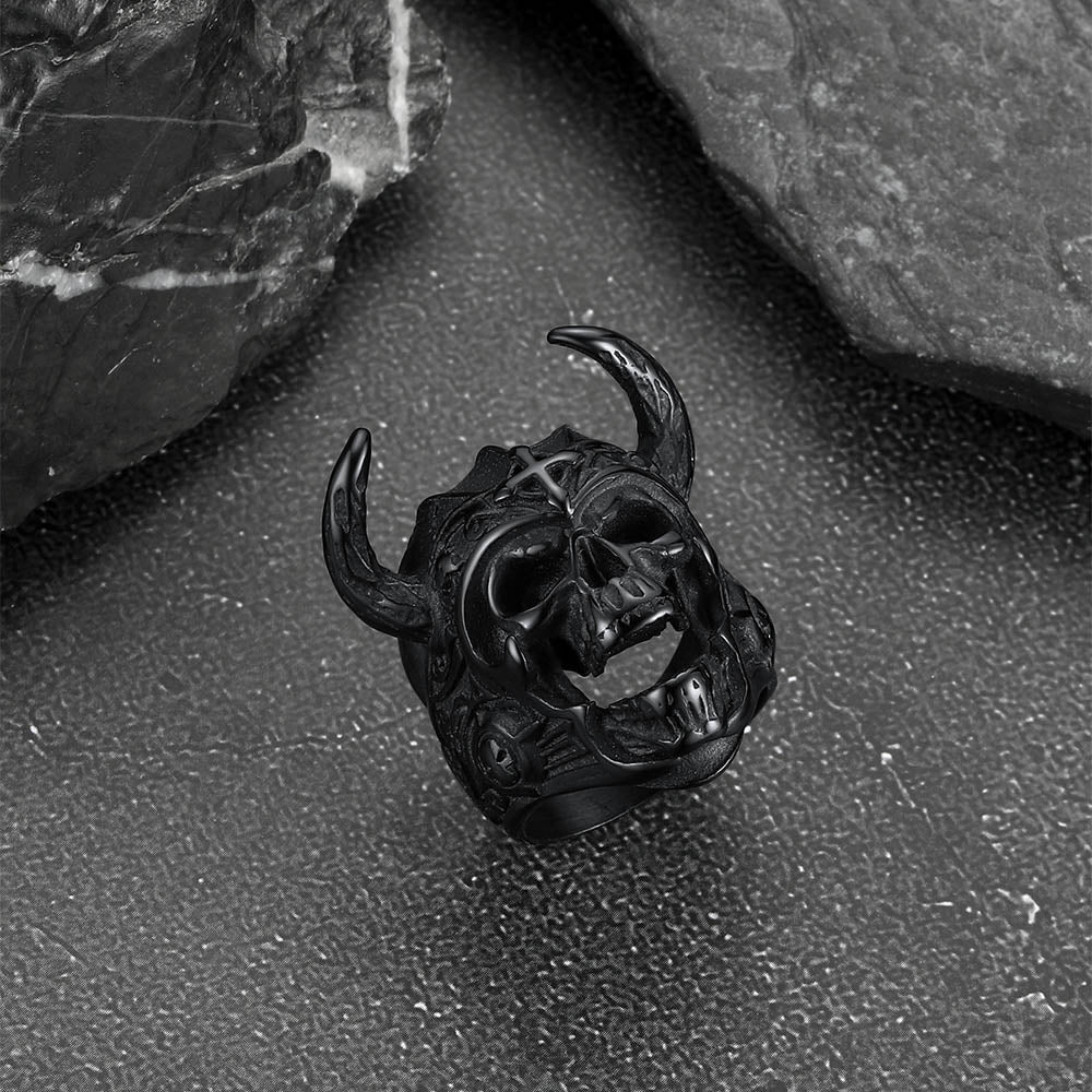 Heavy Metal Demon Skull Ring with Horns for Men, Stainless Steel Band