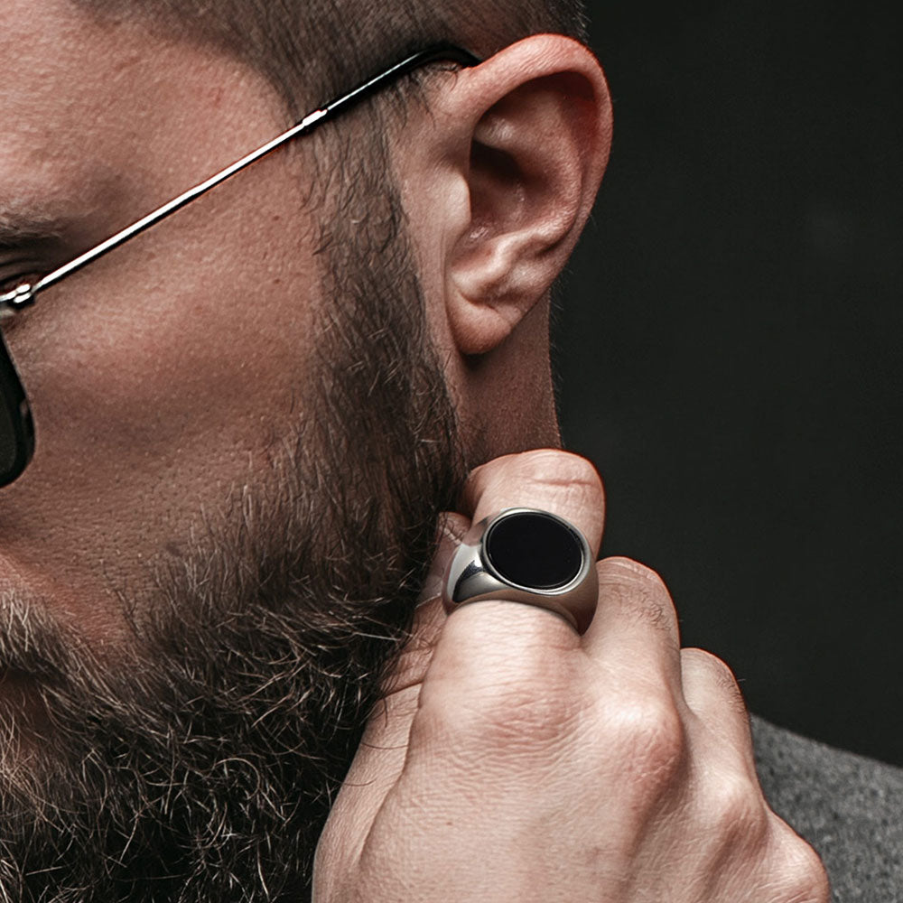 Round Black Onyx Signet Ring for Men Stainless Steel