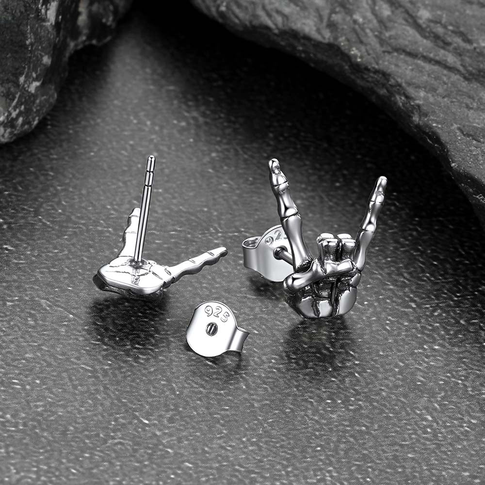 Skeleton Hand Stud Earrings for Men – 925 Sterling Silver Gothic Earrings