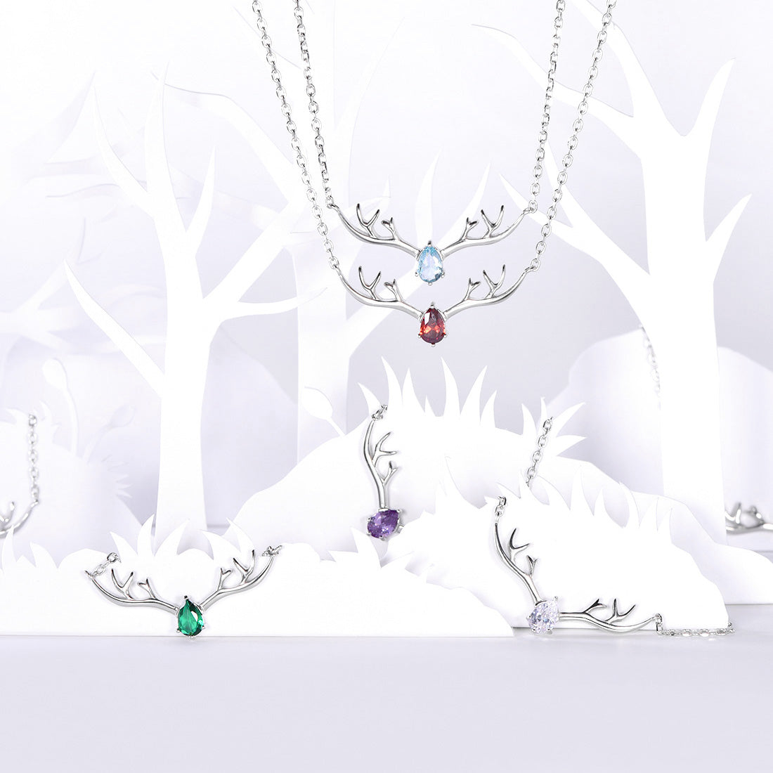 925 Sterling Silver Birthstone Deer Antler Necklace for Women