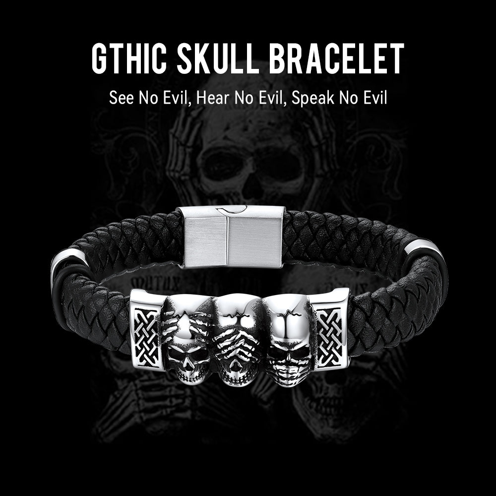 Gothic 3 Skull Braided Leather Bracelet Gift For Men Father Son Grandson