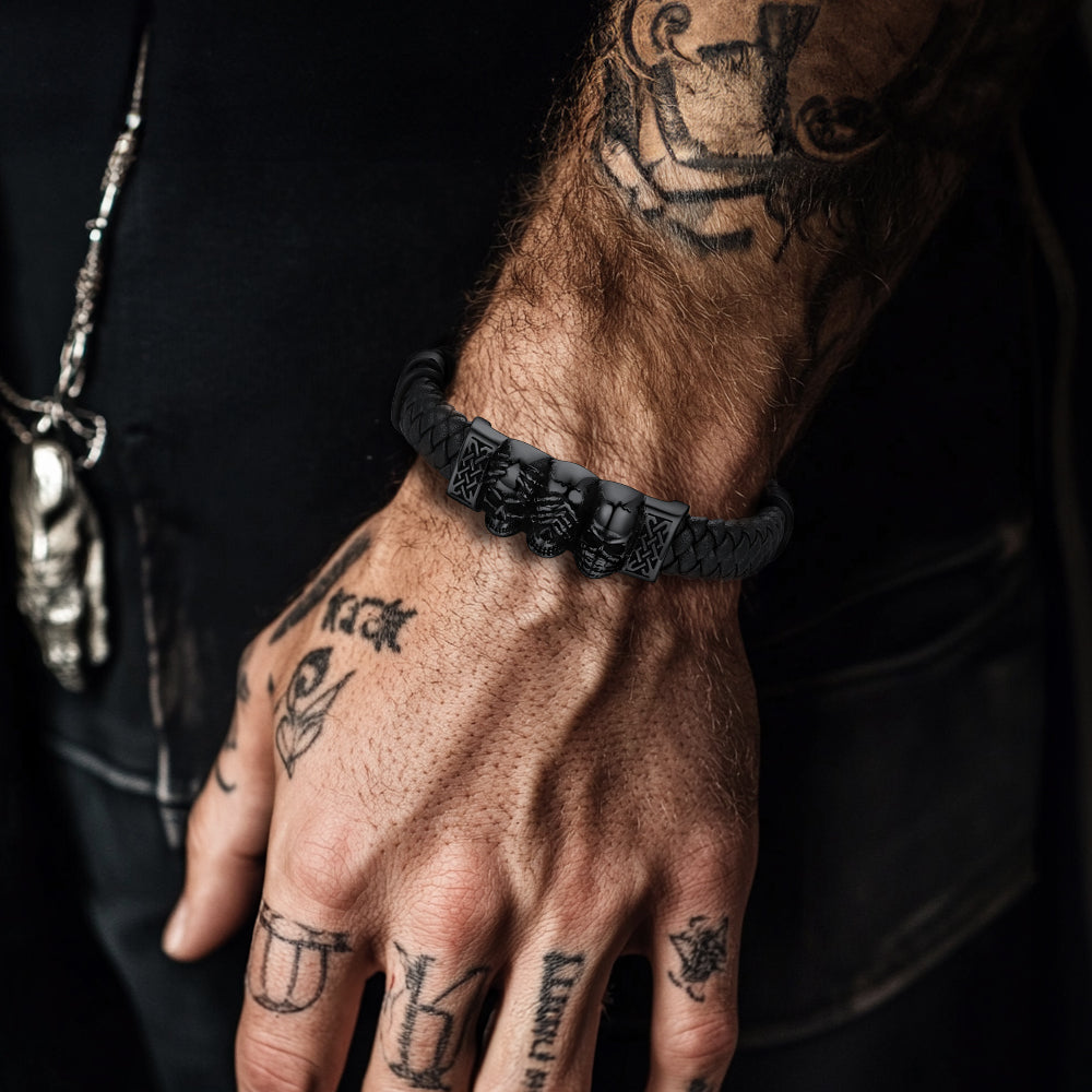 Gothic 3 Skull Braided Leather Bracelet Gift For Men Father Son Grandson