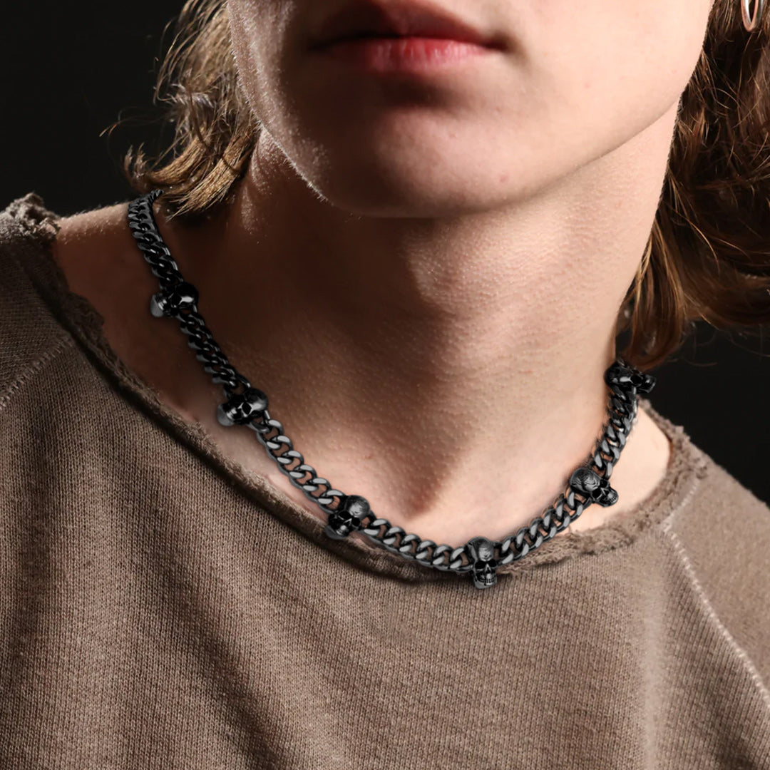 9mm Gothic Skull Cuban Link Chain Choker Necklace for Men