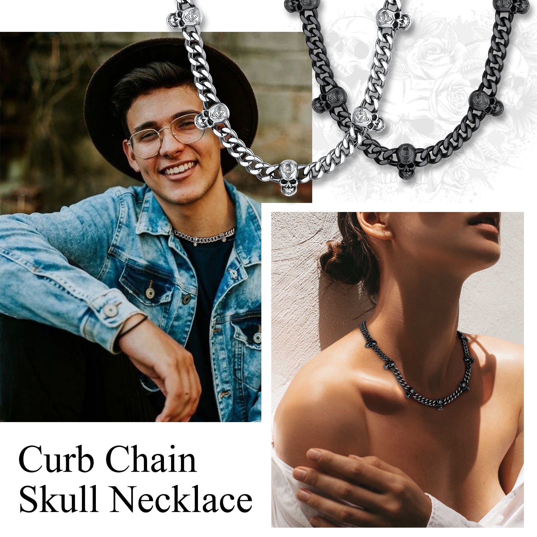 9mm Gothic Skull Cuban Link Chain Choker Necklace for Men