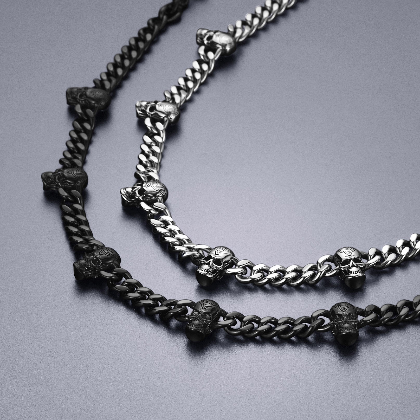 Gothic Skull Cuban Chain & Cross Layered Pendant Set for Men