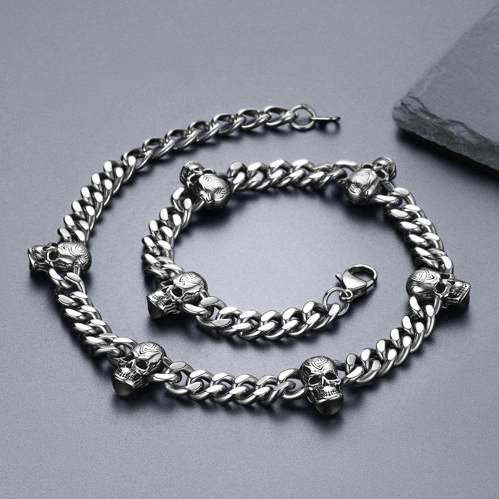 9mm Gothic Skull Cuban Link Chain Choker Necklace for Men