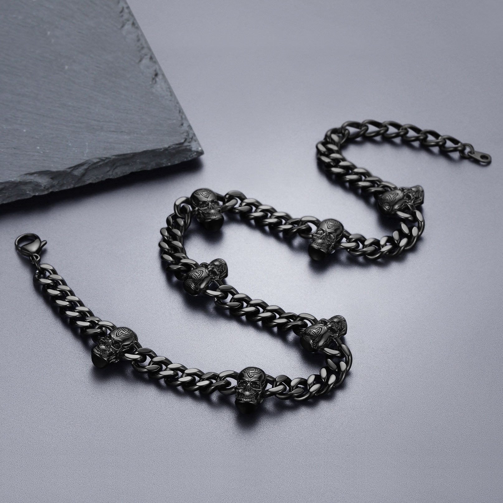 9mm Gothic Skull Cuban Link Chain Choker Necklace for Men