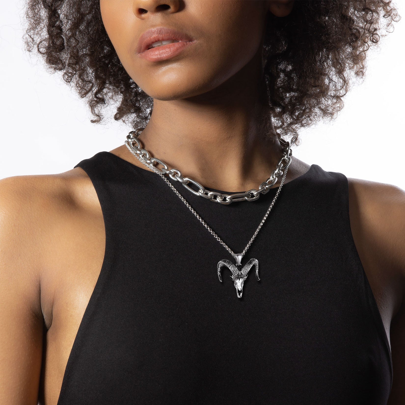 Satanic Goat Skull Head Necklace with Inverted Pentagram
