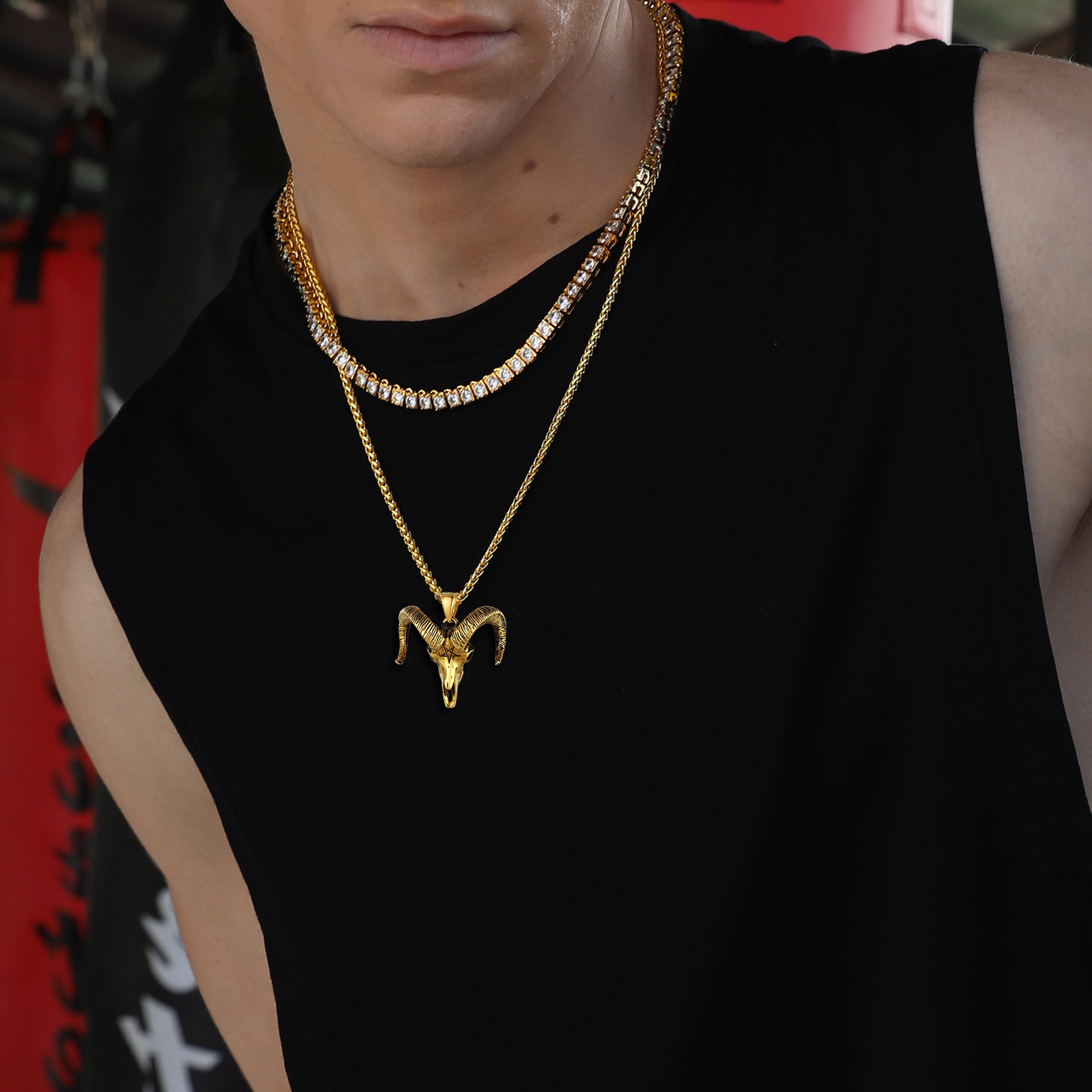 Satanic Goat Skull Head Necklace with Inverted Pentagram