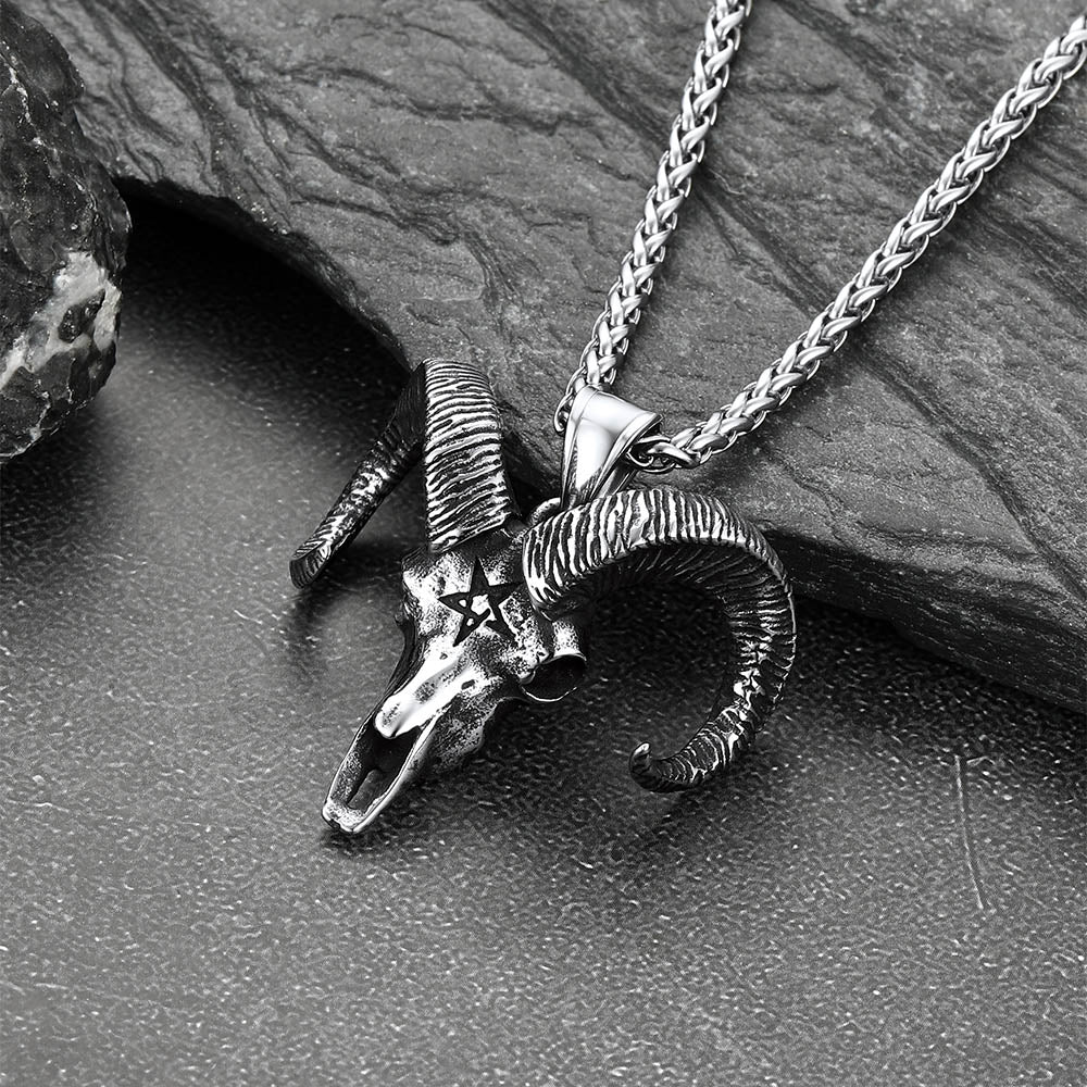 Satanic Goat Skull Head Necklace with Inverted Pentagram
