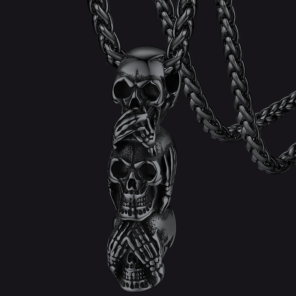 See No Evil, Hear No Evil, Speak No Evil Skull Necklace For Men