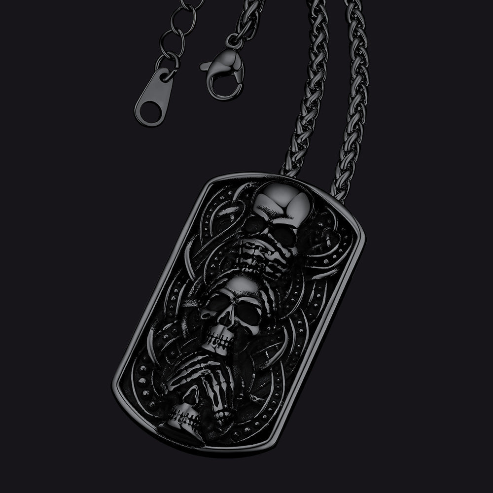 See No Evil, Hear No Evil, Speak No Evil Skulls Dog Tag Necklace for Men